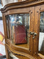 Antique Oak Display Corner Cabinet W/ Beveled Mirror, Serpentine Wave Glass
