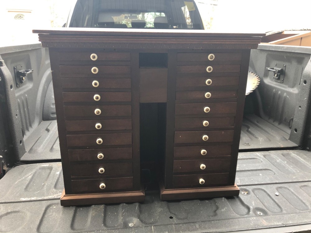 gorgeous c1880 jewelers cabinet Mahogany porcelain pulls 27.5” w x 24” h x 11.25