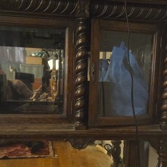 Antique 1920s Dark Brown Wood Glass Door Display Cabinet w/ Carvings 54x16x40