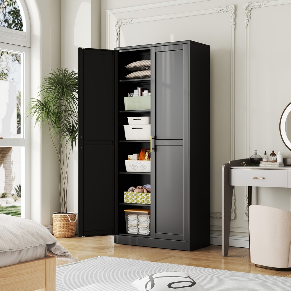 Black Metal Storage Cabinet 75.2 Inch Two Door Pantry Organizer