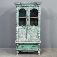 Vintage Indian 2 Door Carved & Painted Glass Front Cabinet