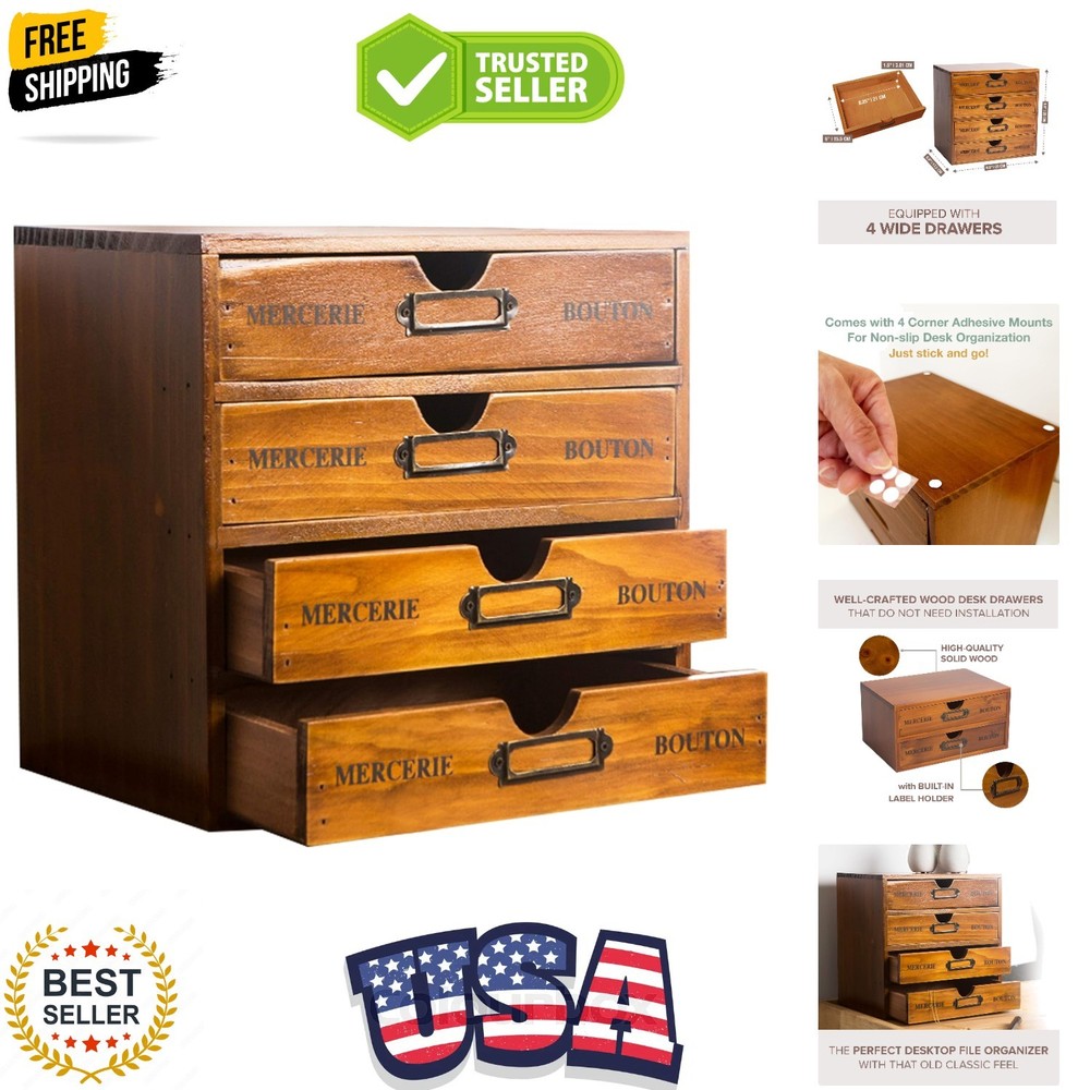 Stackable Apothecary Cabinet 4 Drawer Desk Organizer – Vintage Library Card C…