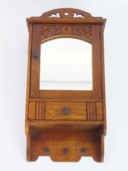Antique Small Wooden Cabinet with Arch Mirror, Floral Carved Apothecary