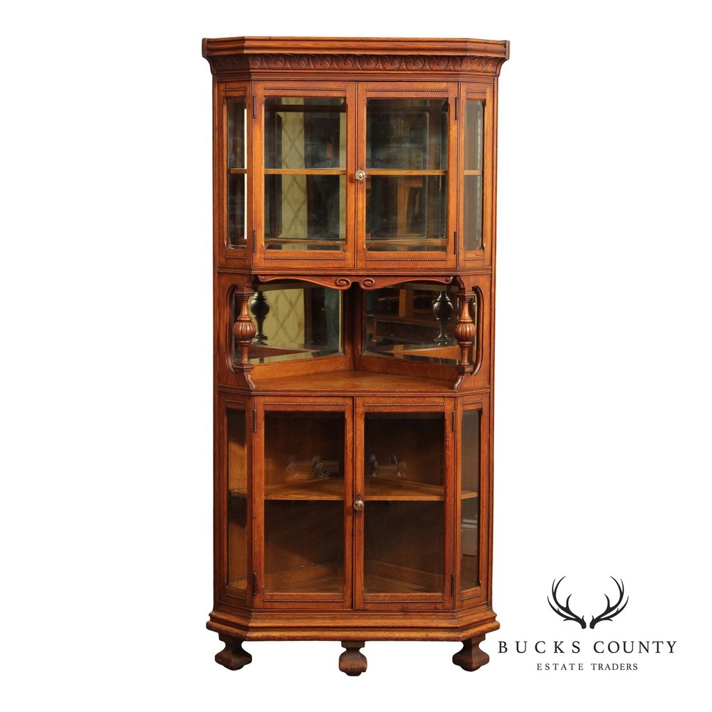 Antique Victorian Oak Corner China Cabinet