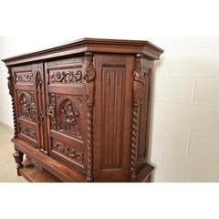 Antique French Gothic Revival Oak Bar Cabinet With Carved Figures, Circa 1890s