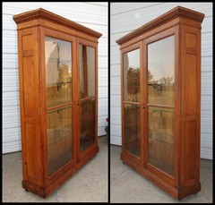 Antique Square Nail Quartersawn Oak 2 Door Display Case Cabinet Egg & Dart Crown
