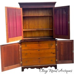 Antique Cherry Linen press display cabinet cupboard 2 pc NY country original 19t