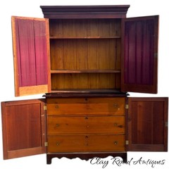 Antique Cherry Linen press display cabinet cupboard 2 pc NY country original 19t