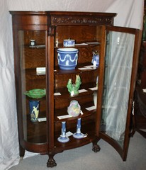 Antique Oak Curved Glass China Cabinet – Large Carved Claw Feet