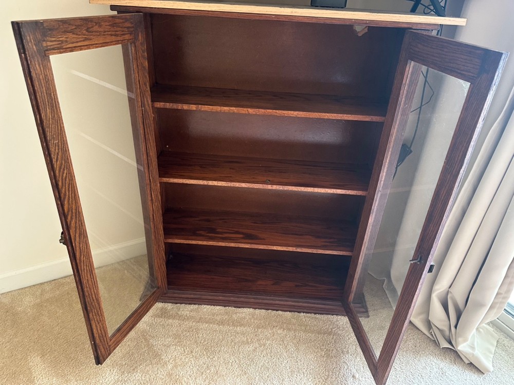 Antique Oak (4) Shelf Glass Door Cabinet