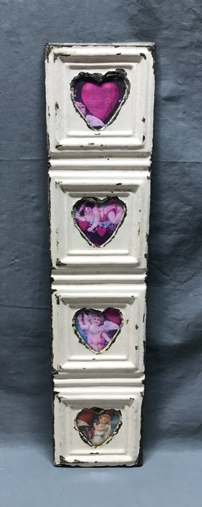 VTG 5×23 Multi Quad 3″ Heart Photo Tin Ceiling Metal Picture Frame Old 1843-25B
