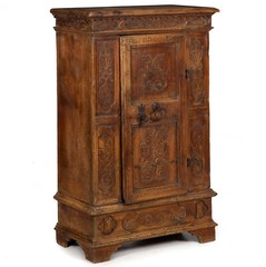 Continental Heavily Worn Carved One-Door Cupboard Cabinet of Small Size