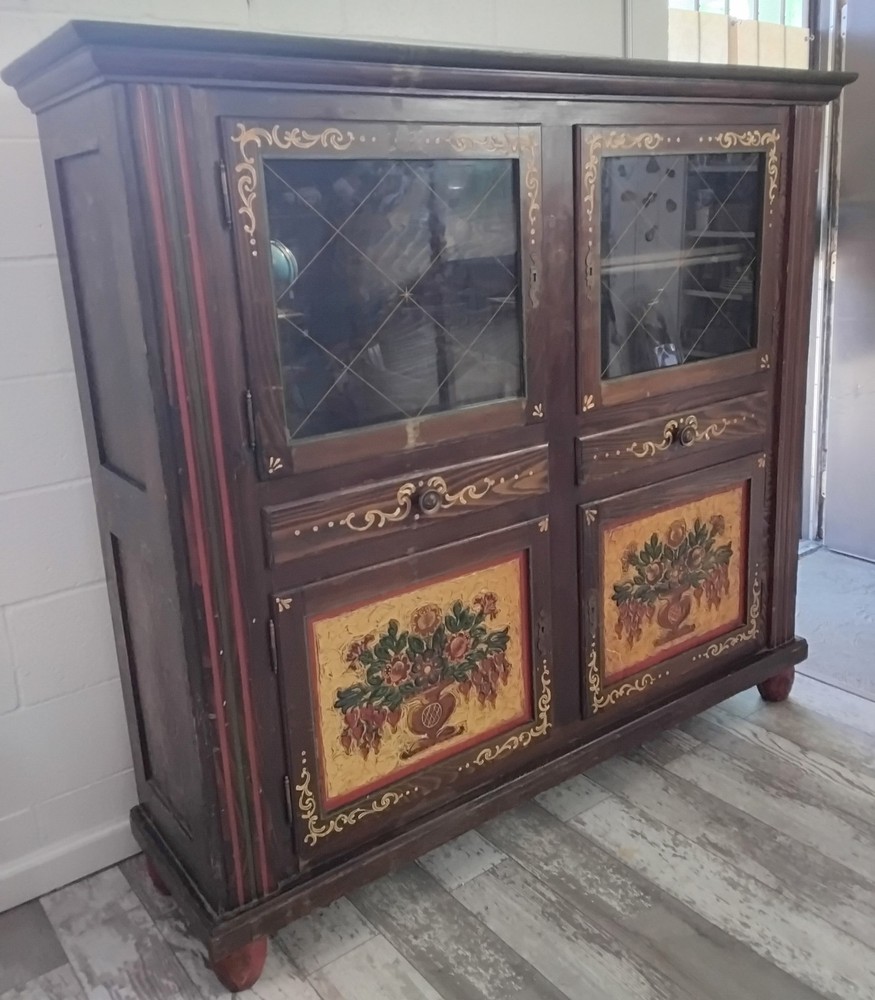 Antique German Hand Made & Painted Shrunk Bar Cupboard Hutch w/ Original Key