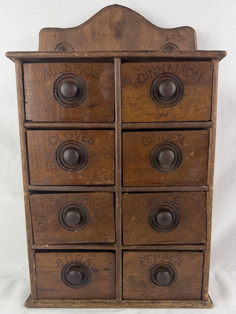 Antique Early Country Primitive Wood 8 Drawer Spice Drawer Cabinet 16” High