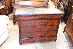 French Antique Tiger Mahogany Louis Philippe Marble Top Chest / Sideboard