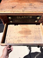 Antique Clark’s Mile End Spool Cotton Cabinet With Embossed Tin