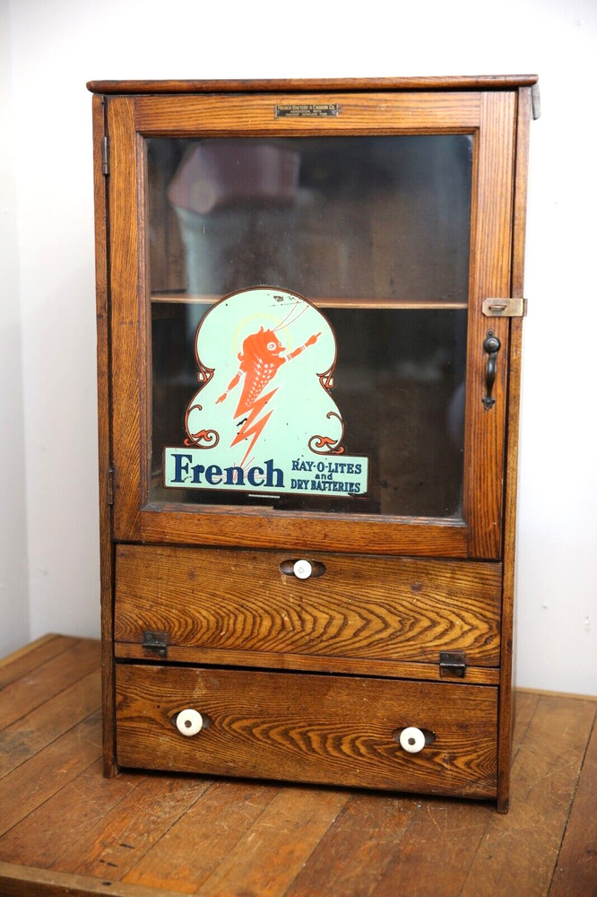 Vintage Antique Oak Display Case apothecary drawer Cabinet Batteries Flashlights