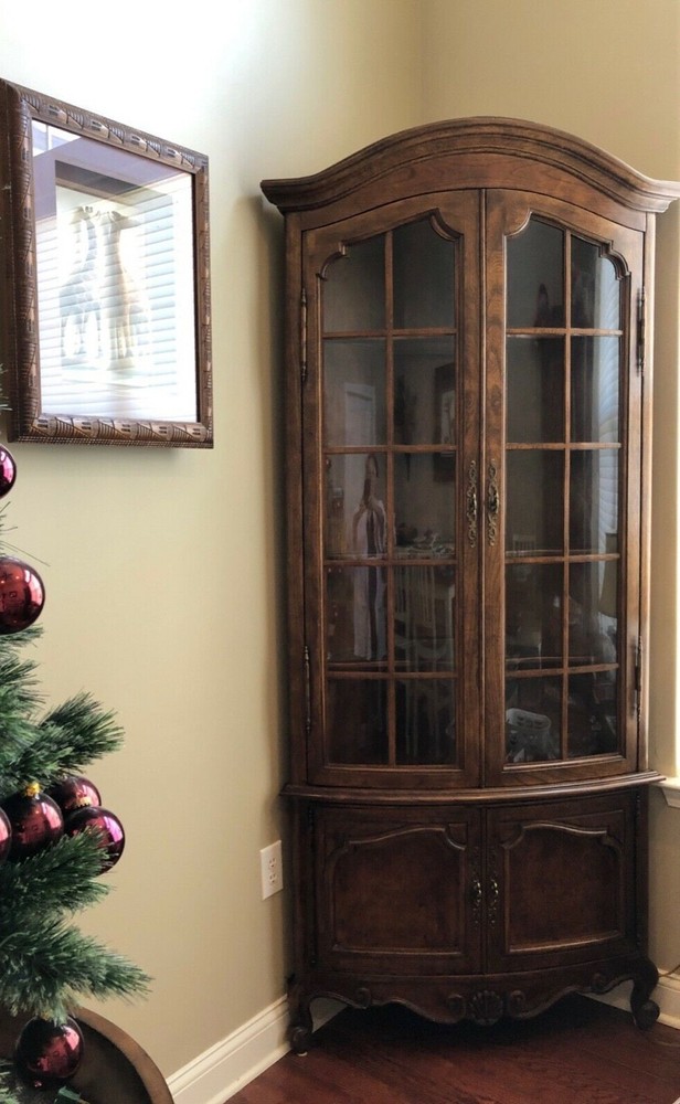 Pair (2) of French Corner Cabinets -Ash and Burl  – Glass/wood doors & shelves