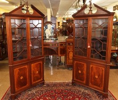 Pair of English Regency Style Mahogany Inlaid Corner Cabinets