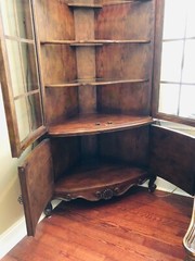 Pair (2) of French Corner Cabinets -Ash and Burl  – Glass/wood doors & shelves