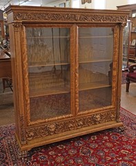 Late 19th Century Figural Carved Tiger Oak China Cabinet By AJ Johnson Chicago