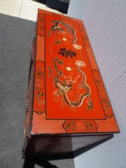 Vintage Chinese Asian Red Lacquer Storage Cabinet w Stone Decorative Inlay
