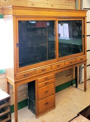 19th c. Old Store Sliding Glass Display Cabinet w/ Drawers, Open Base