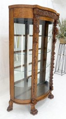 Solid Tiger Oak Curved Glass China Cabinet Carved Claw Feet Lion Heads MINT!