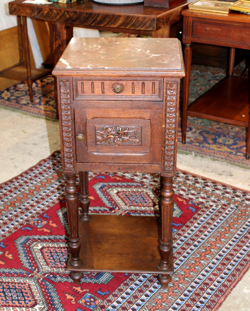 French Louis XVI Antique Oak Nightstand Small Bedside Cabinet w/ Drawer