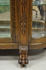 Antique American Empire Tiger Oak Curved Glass China Cabinet w/ Carved Griffins