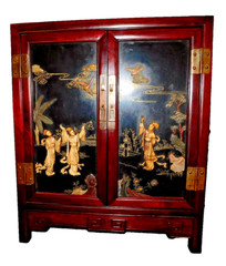 Vintage Chinoiserie Chinese Black Lacquer Hard Stone Finish Art Console Cabinet