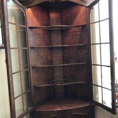 Pair (2) of French Corner Cabinets -Ash and Burl  – Glass/wood doors & shelves
