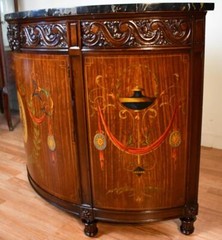 1910 Antique French Walnut & Satinwood Hand painted and Marble topDemi-lune
