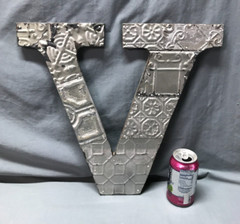 Decorative Salvage Tin Ceiling 16″ Patchwork Silver Metal VTG Letter V 215-25B