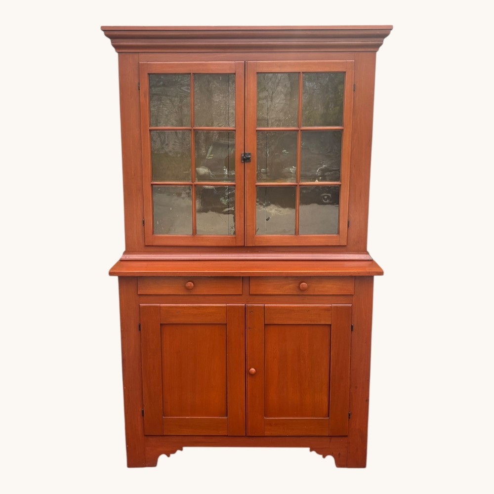 19th Century 2 Part Poplar Red Painted County Cupboard