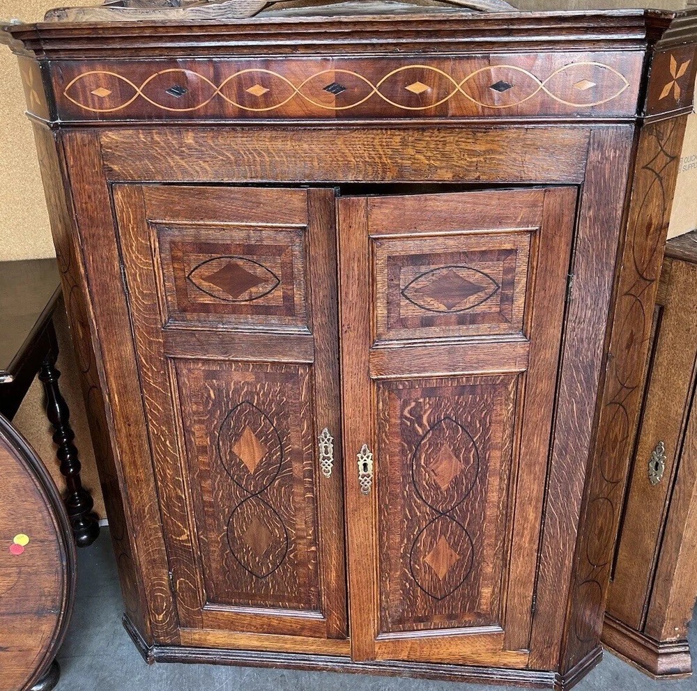 Antique Oak Inlay Hanging Corner Cupboard