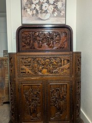 George Zee Mid Century Asian Hand Carved Teak Dry Bar Cabinet