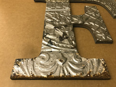 Decorative Salvaged Tin Ceiling 16″ Patchwork Shabby Silver Letter F Old 222-26B