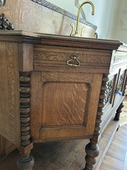 Antique Carved Wood & Brass Cabinet, 2 Doors/Drawer/Shelf, 26x65x38