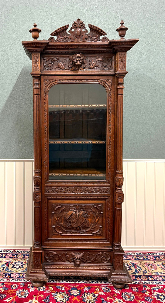 Antique French Renaissance Revival Scholars Bookcase Cabinet Carved Oak 19th C