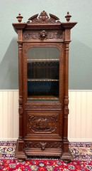 Antique French Renaissance Revival Scholars Bookcase Cabinet Carved Oak 19th C