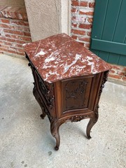 Antique French Nightstand Cabinet Marble Top Louis XV Carved Walnut c1890