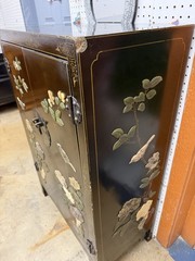 Black Wood Free-Standing Cabinet 2-Door Raised Panel Hand-Painted Floral Bird