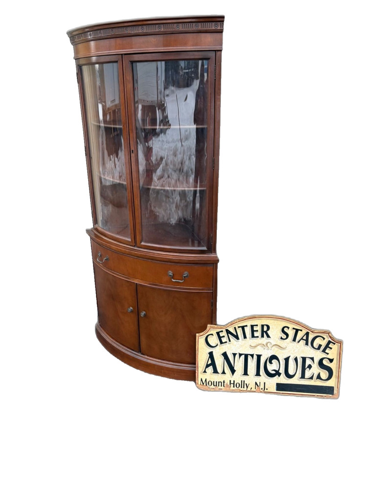 67475 Vintage Bow Front Mahogany Corner Curio Cabinet with Glass Doors