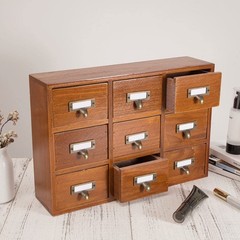 9 Drawer Library Card Catalog Cabinet With Labels Wooden Apothecary Storage