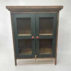 Antique 1890’s Hand-Painted Wooden Mini Cabinet Fruit Motifs Wire Mesh Doors.