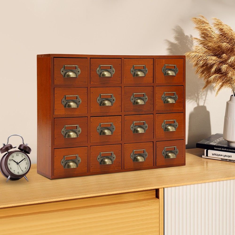 16 Drawers Tabletop Library Card Catalog Cabinet Vintage Apothecary Storage Box