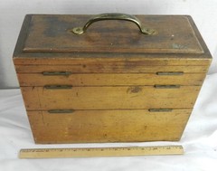 Unusual Antique 3 Section Wood Tool Box Machinist Parts Jewelry Razors Cabinet