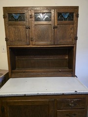 Wood Hoosier Cabinet Stained Finish Stained Glass Doors 4D/3Drw White Top