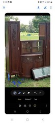 Antique Wood Cabinet with Carved Glass Doors, Drawers, 75.5″ x 66″ x 17.5″